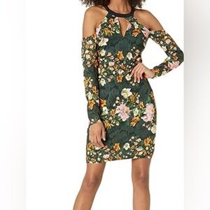 Guess Cold Shoulder Body con Dress - Green with Floral Design